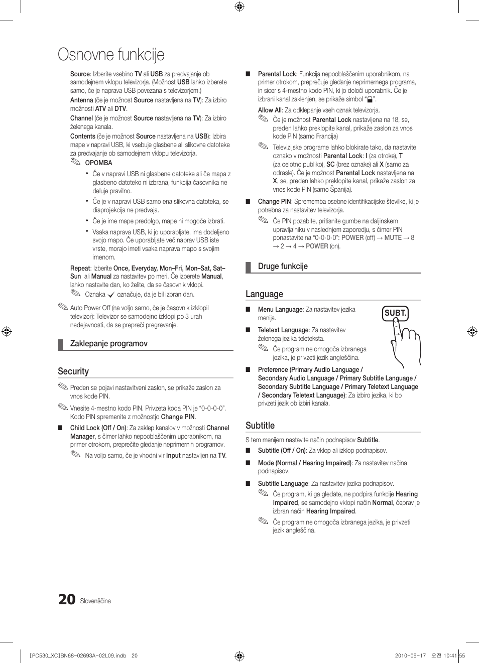 Osnovne funkcije | Samsung PS50C530C1W User Manual | Page 302 / 365