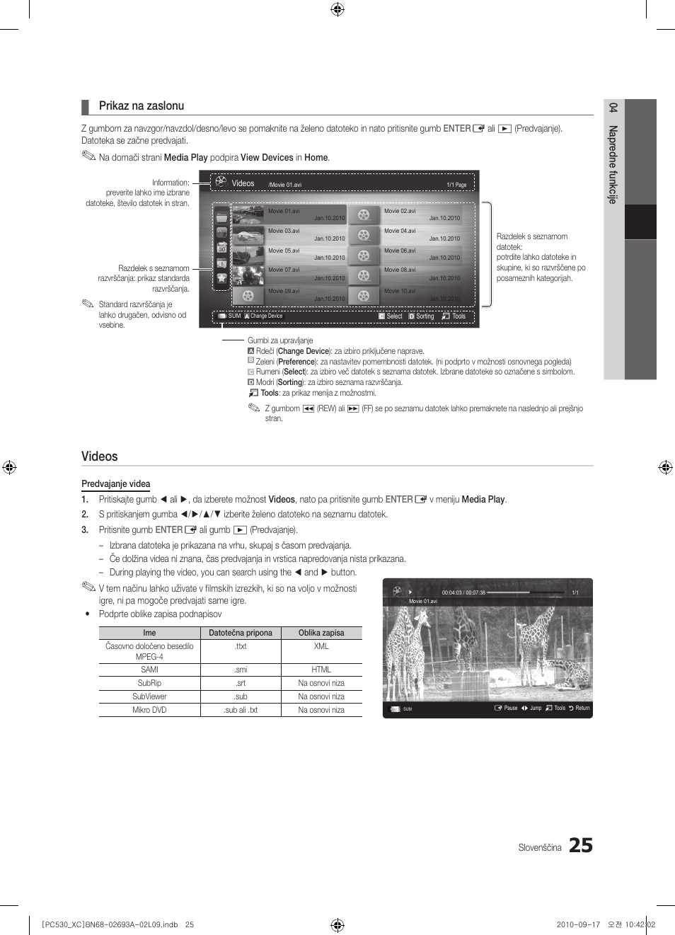 Videos, Prikaz na zaslonu | Samsung PS50C530C1W User Manual | Page 307 / 365