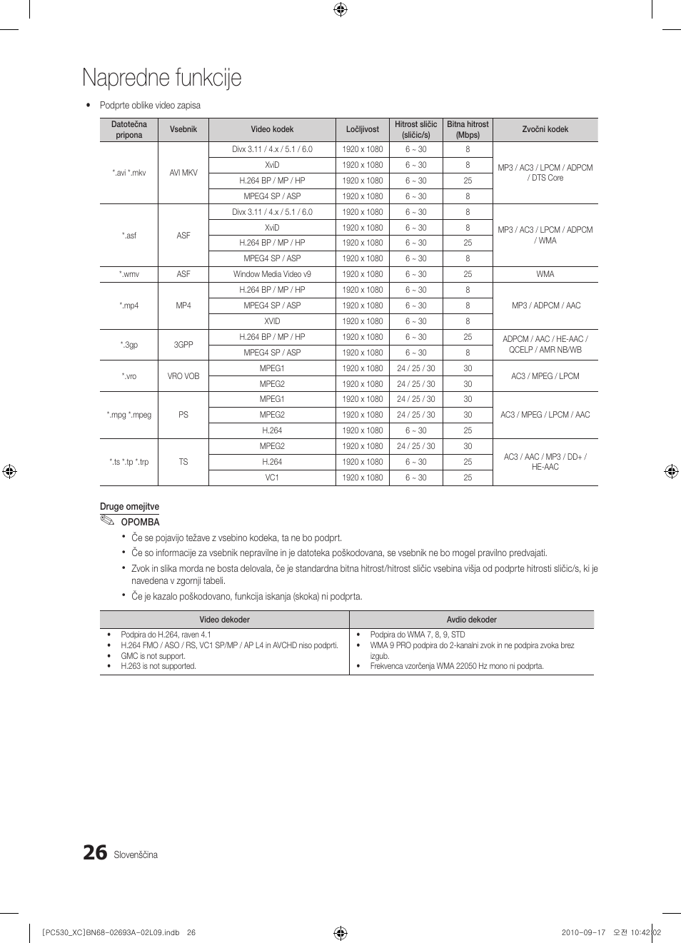 Napredne funkcije | Samsung PS50C530C1W User Manual | Page 308 / 365