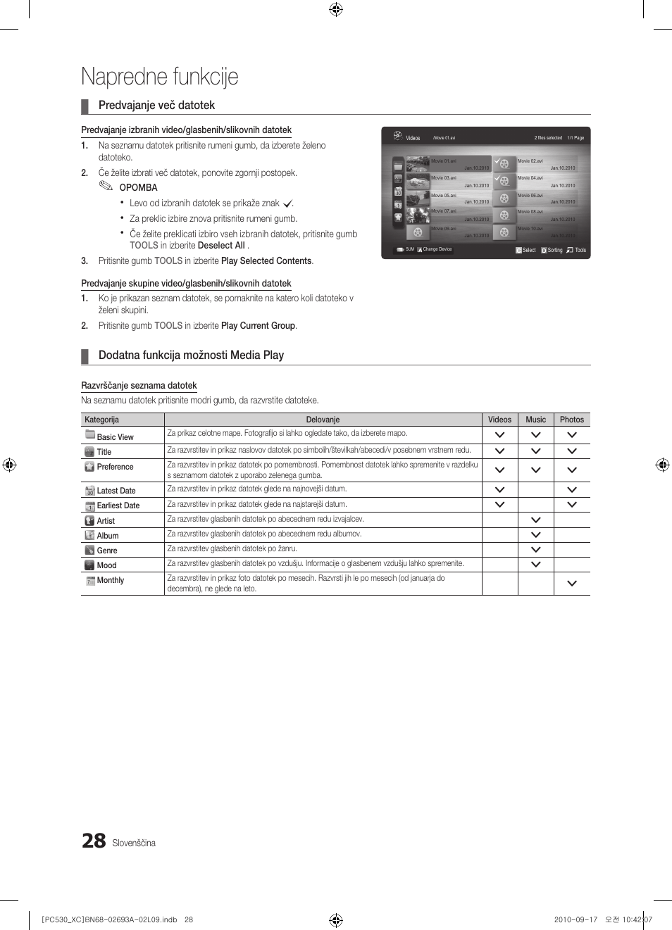 Napredne funkcije, Predvajanje več datotek, Dodatna funkcija možnosti media play | Samsung PS50C530C1W User Manual | Page 310 / 365