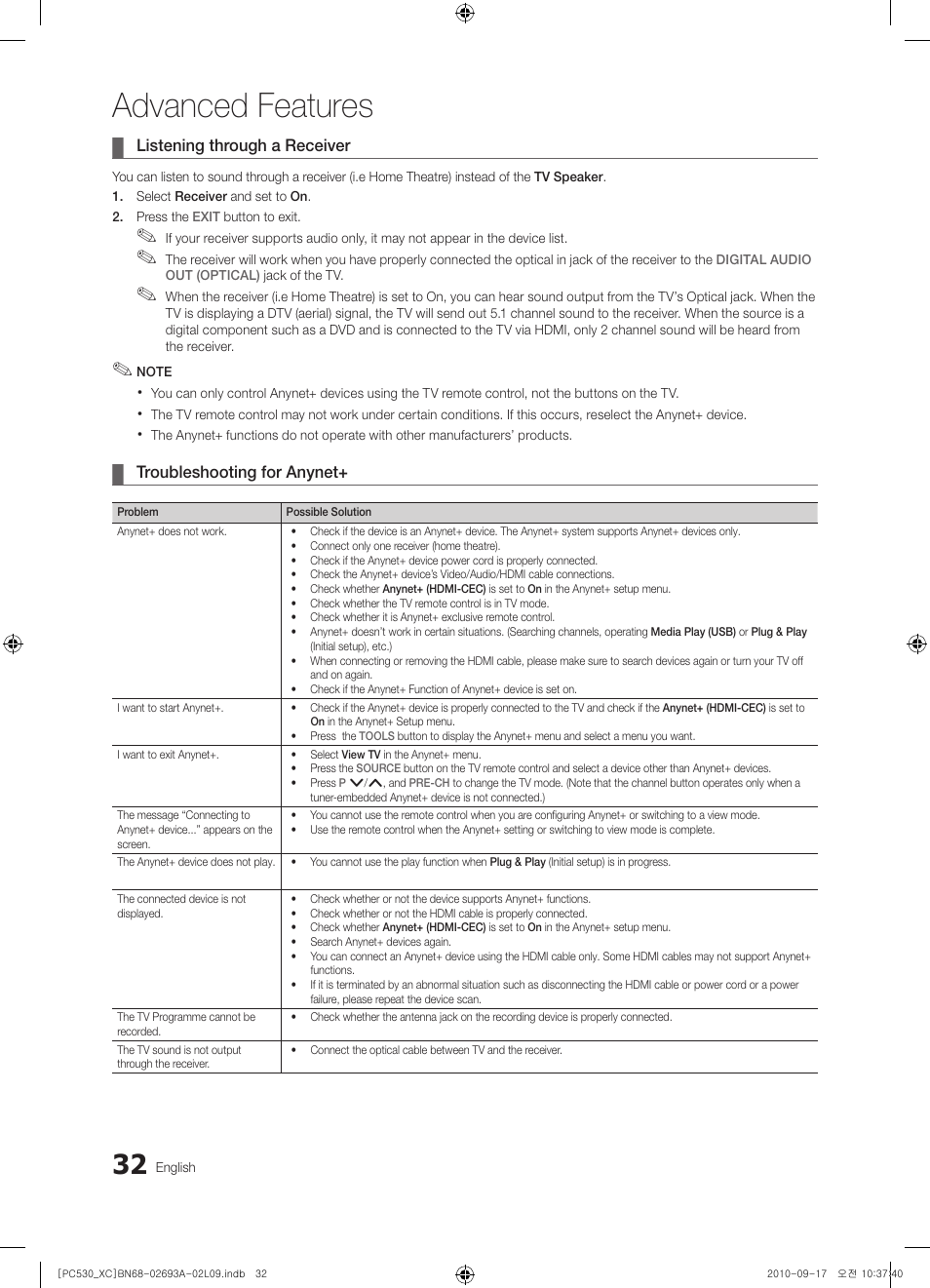 Advanced features | Samsung PS50C530C1W User Manual | Page 32 / 365