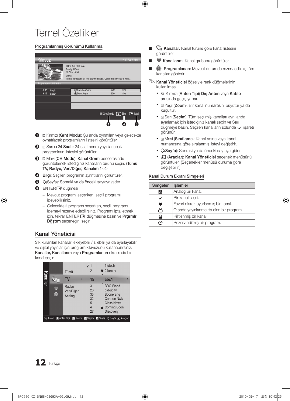 Temel özellikler, Kanal yöneticisi | Samsung PS50C530C1W User Manual | Page 334 / 365