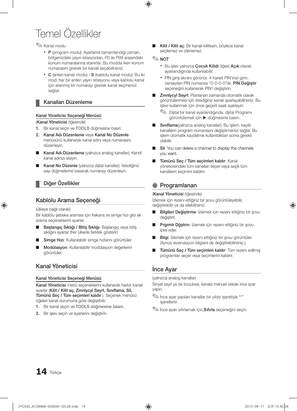 Temel özellikler, Kablolu arama seçeneği, Kanal yöneticisi | Programlanan, Ince ayar | Samsung PS50C530C1W User Manual | Page 336 / 365