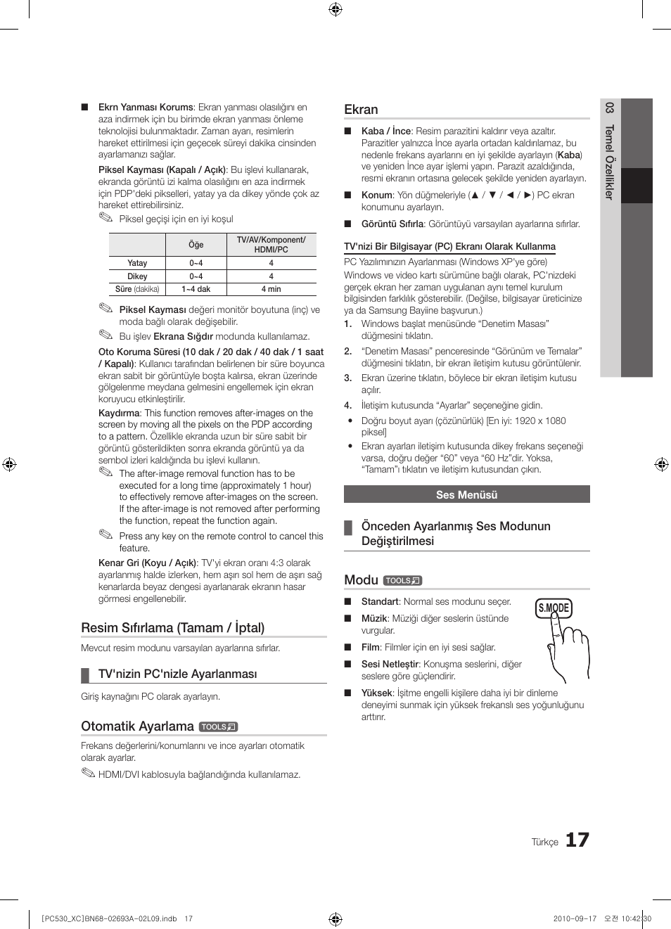 Resim sıfırlama (tamam / iptal), Otomatik ayarlama, Ekran | Modu | Samsung PS50C530C1W User Manual | Page 339 / 365