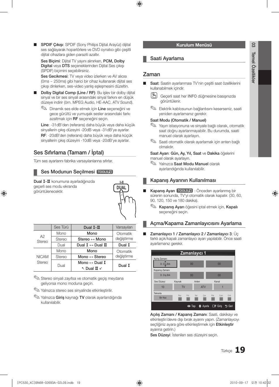 Ses sıfırlama (tamam / iptal), Zaman | Samsung PS50C530C1W User Manual | Page 341 / 365