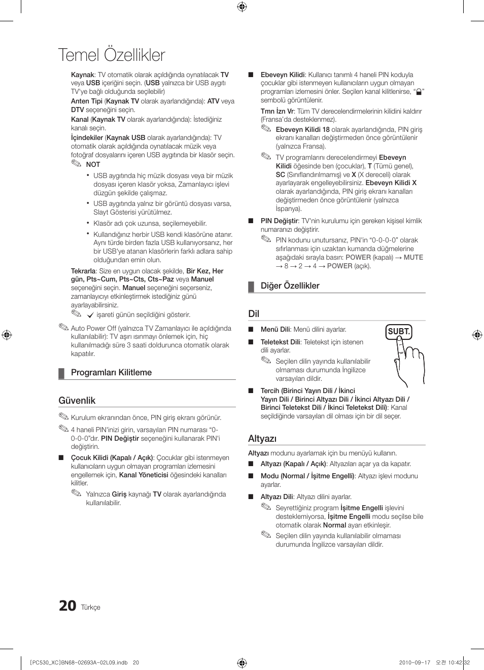 Temel özellikler | Samsung PS50C530C1W User Manual | Page 342 / 365