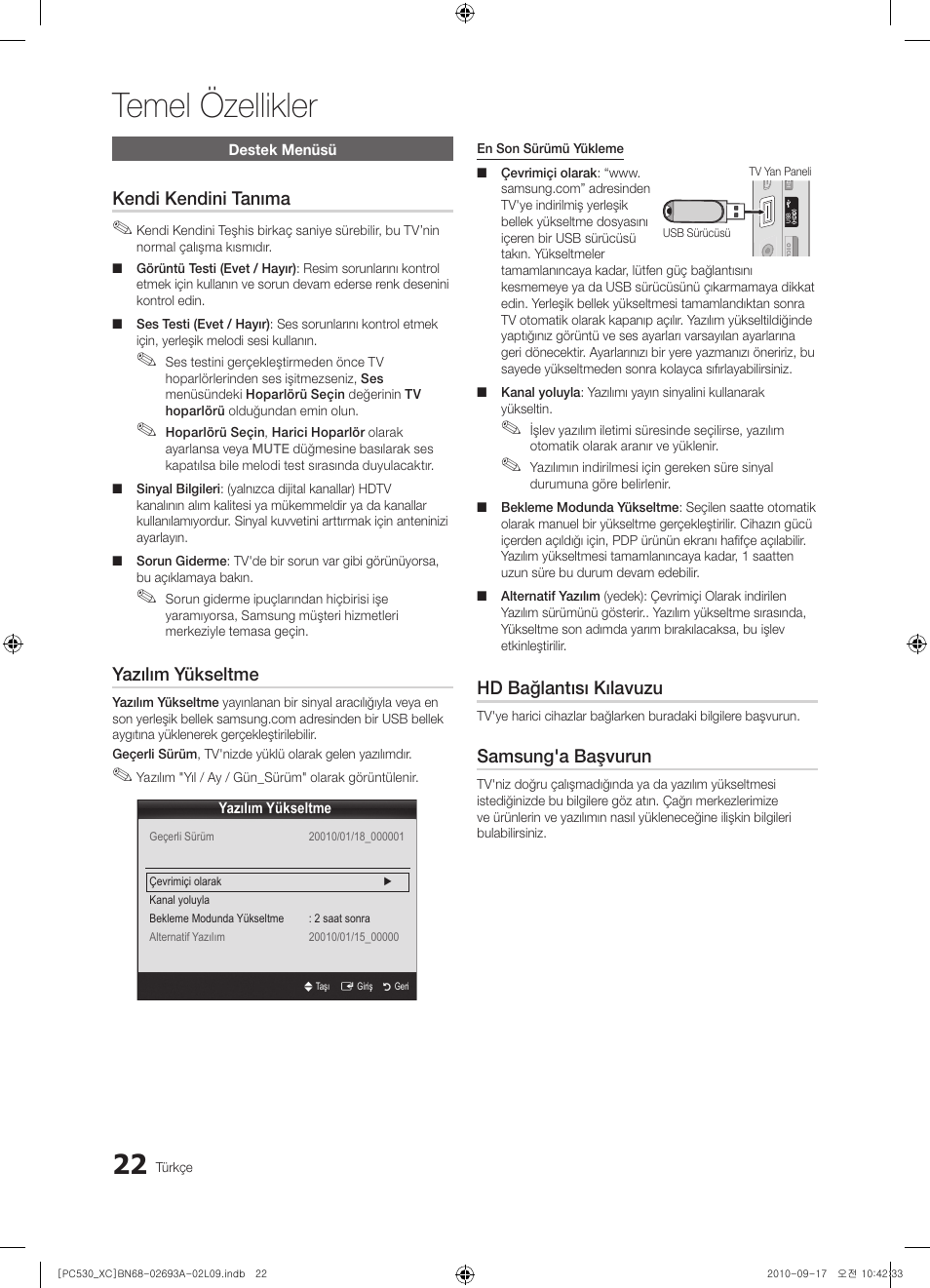 Temel özellikler, Kendi kendini tanıma, Yazılım yükseltme | Hd bağlantısı kılavuzu, Samsung'a başvurun | Samsung PS50C530C1W User Manual | Page 344 / 365