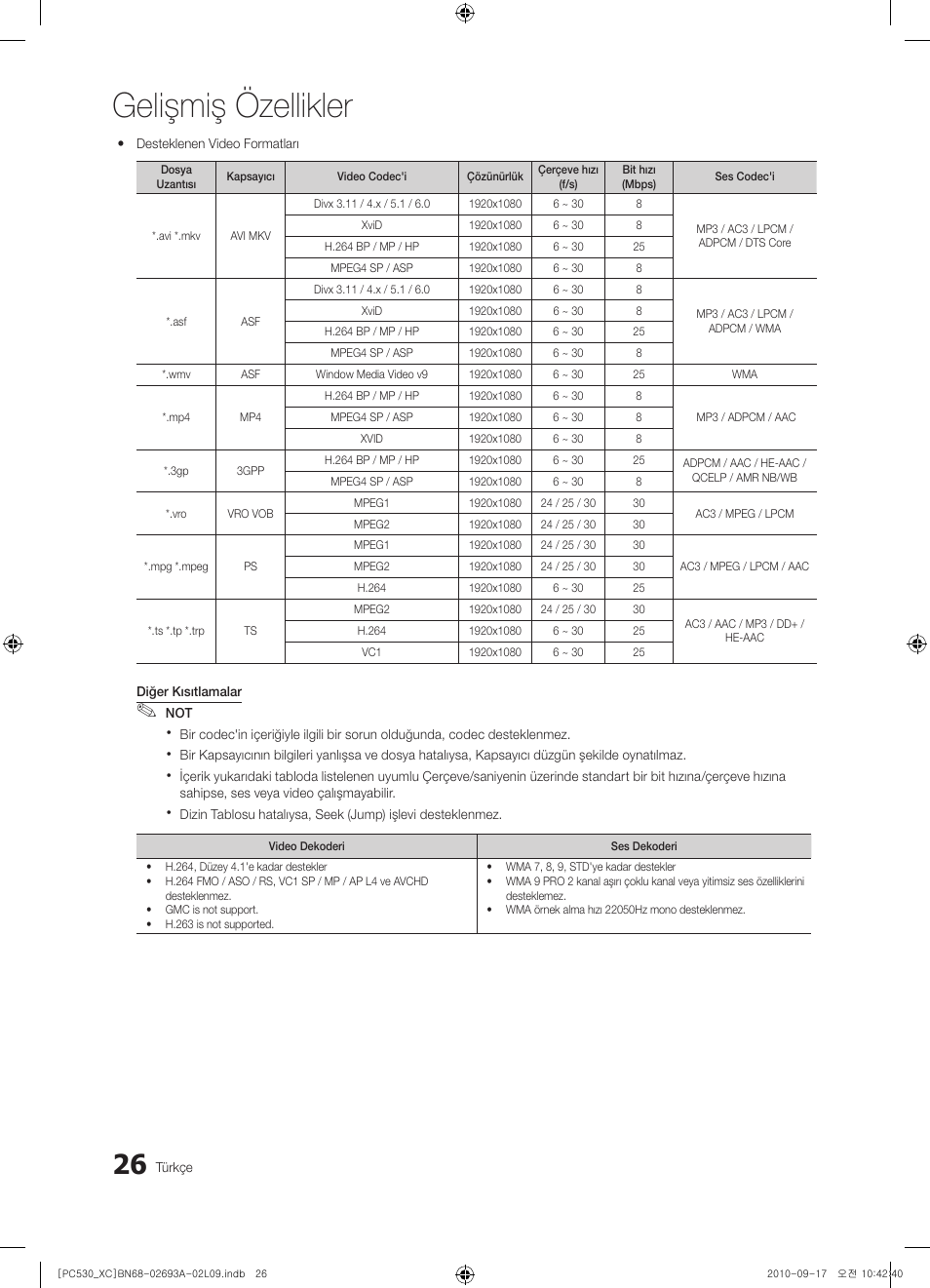 Gelişmiş özellikler | Samsung PS50C530C1W User Manual | Page 348 / 365