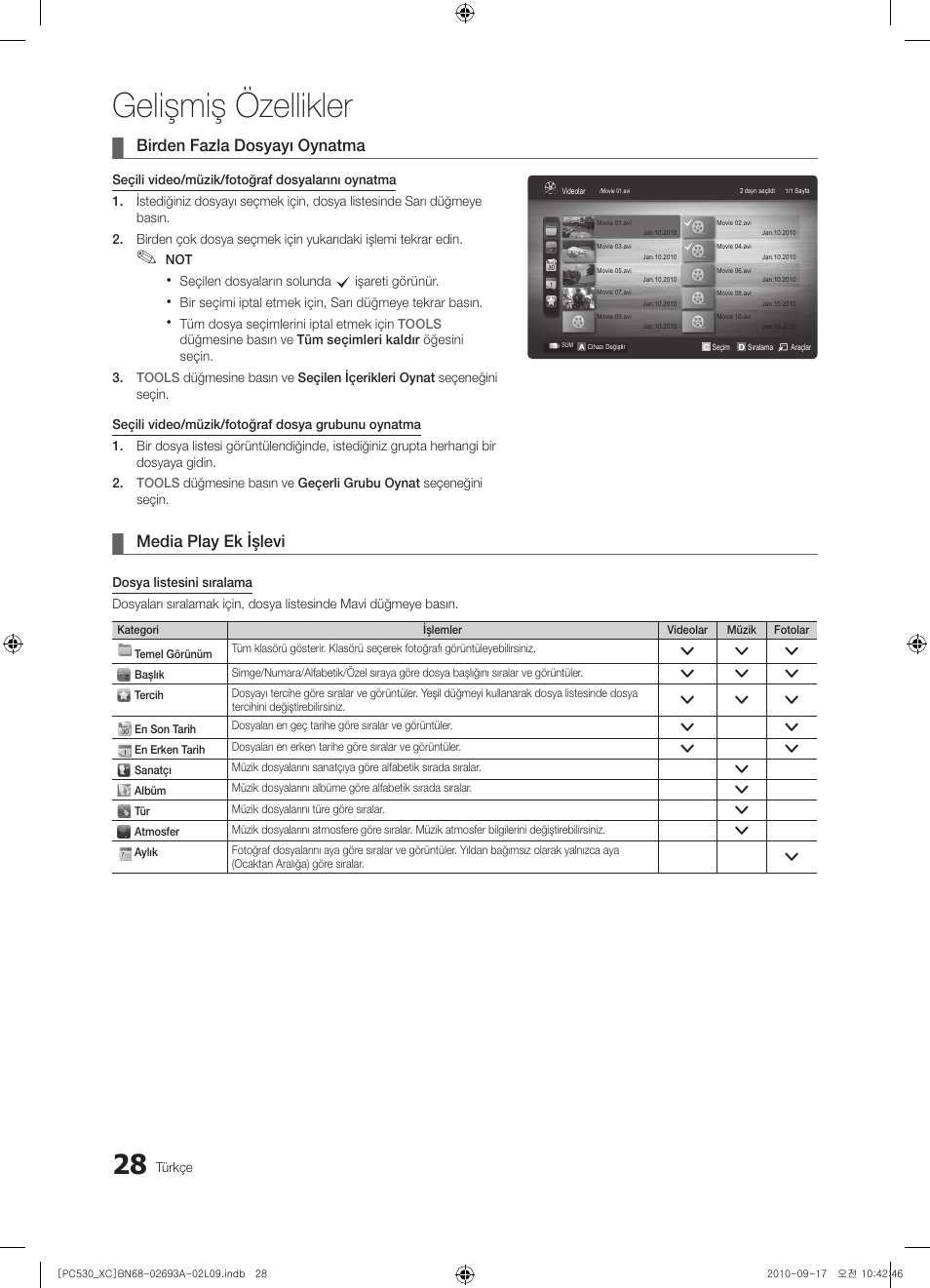 Gelişmiş özellikler, Birden fazla dosyayı oynatma, Media play ek işlevi | Samsung PS50C530C1W User Manual | Page 350 / 365