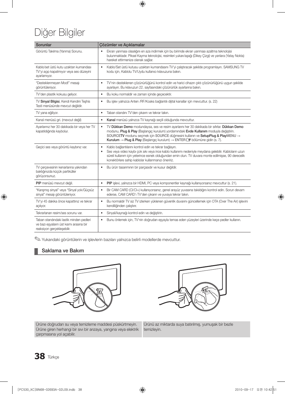 Diğer bilgiler, Saklama ve bakım | Samsung PS50C530C1W User Manual | Page 360 / 365