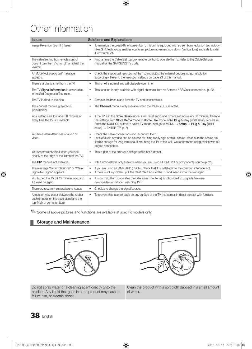 Other information, Storage and maintenance | Samsung PS50C530C1W User Manual | Page 38 / 365