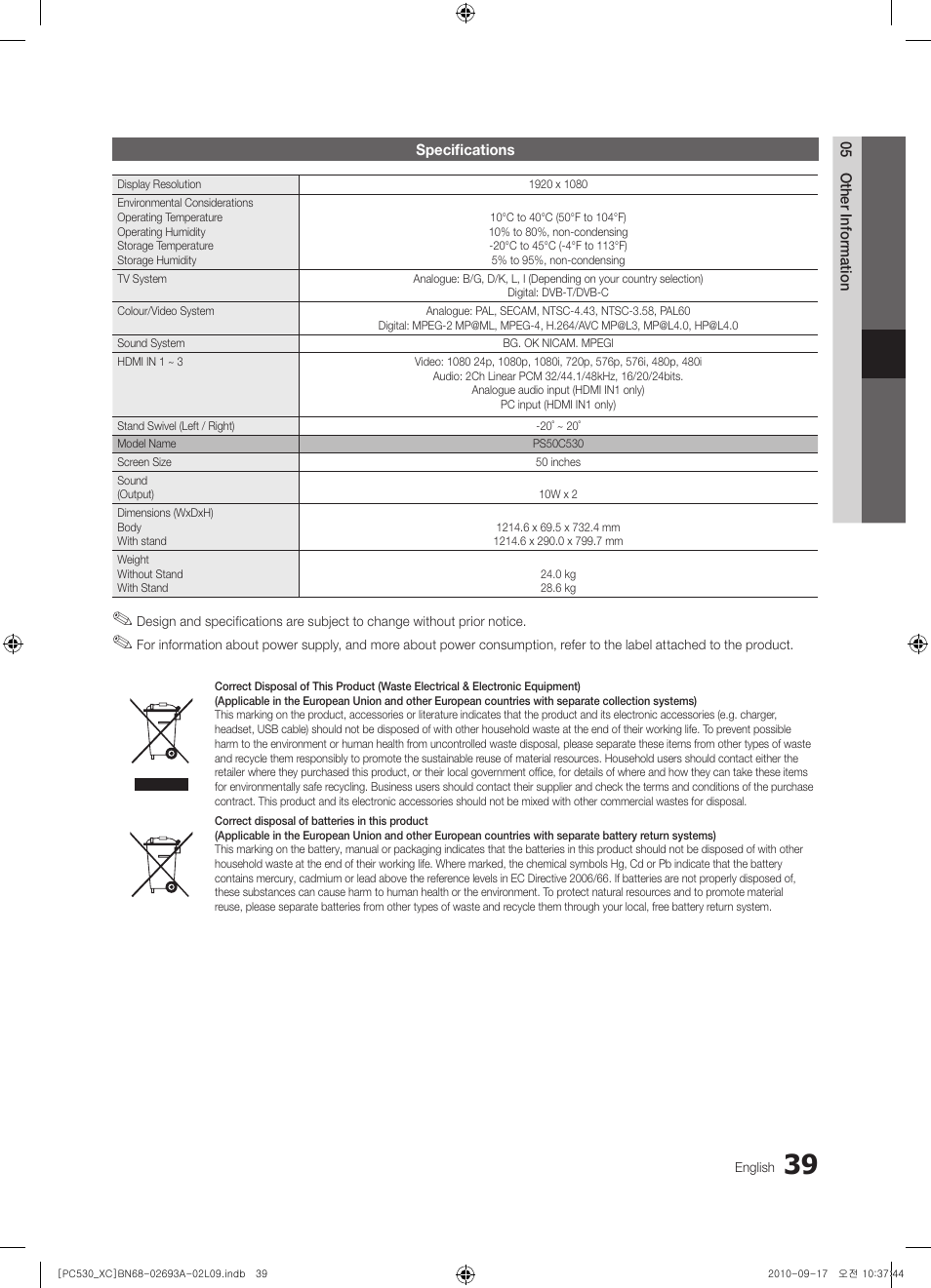 Samsung PS50C530C1W User Manual | Page 39 / 365
