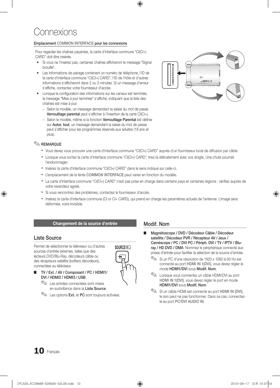 Connexions | Samsung PS50C530C1W User Manual | Page 50 / 365