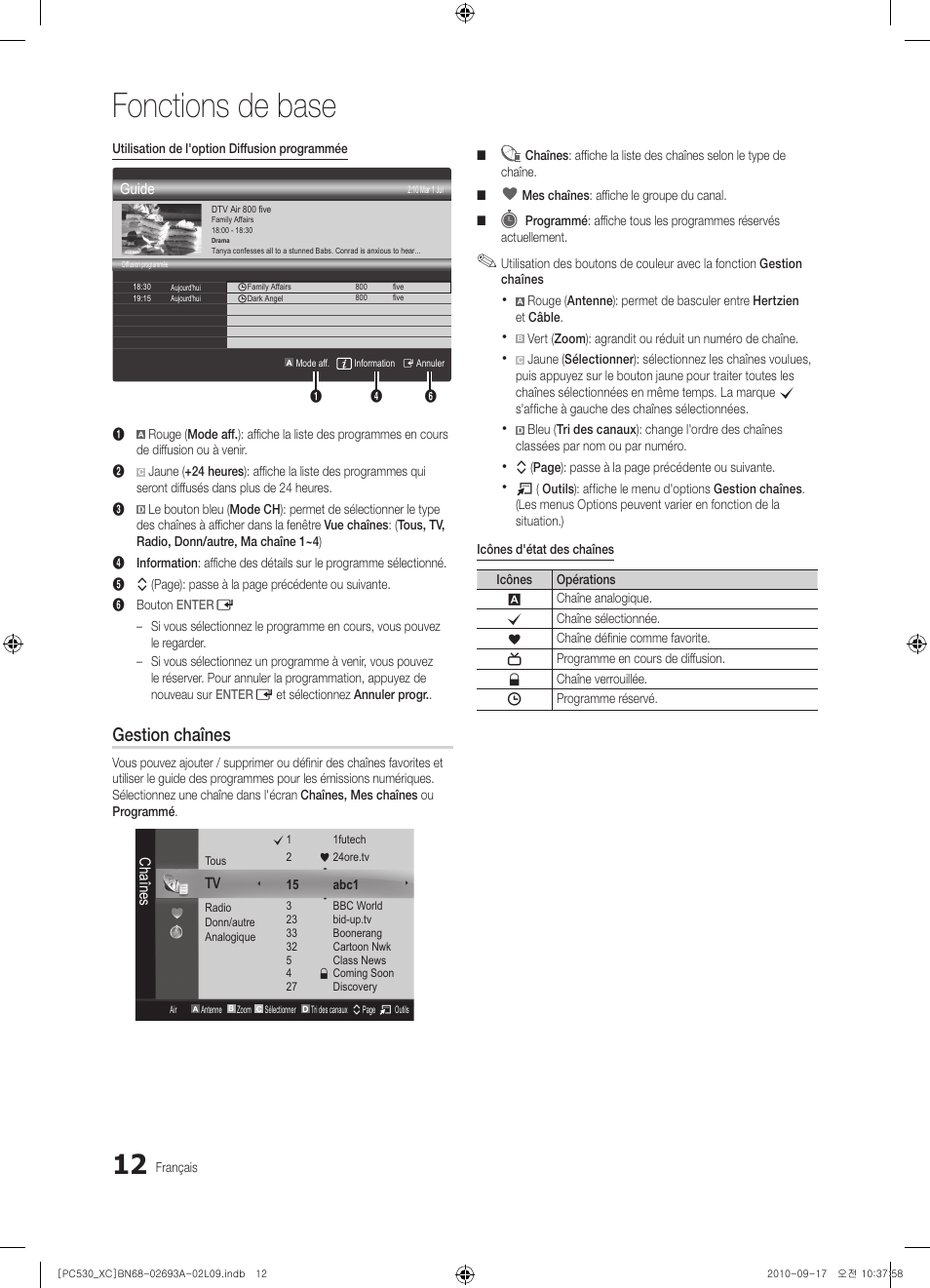 Fonctions de base, Gestion chaînes | Samsung PS50C530C1W User Manual | Page 52 / 365