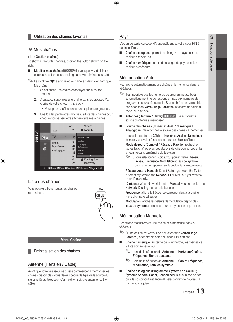Mes chaînes, Liste des chaînes, Antenne (hertzien / câble) | Pays, Mémorisation auto, Mémorisation manuelle | Samsung PS50C530C1W User Manual | Page 53 / 365