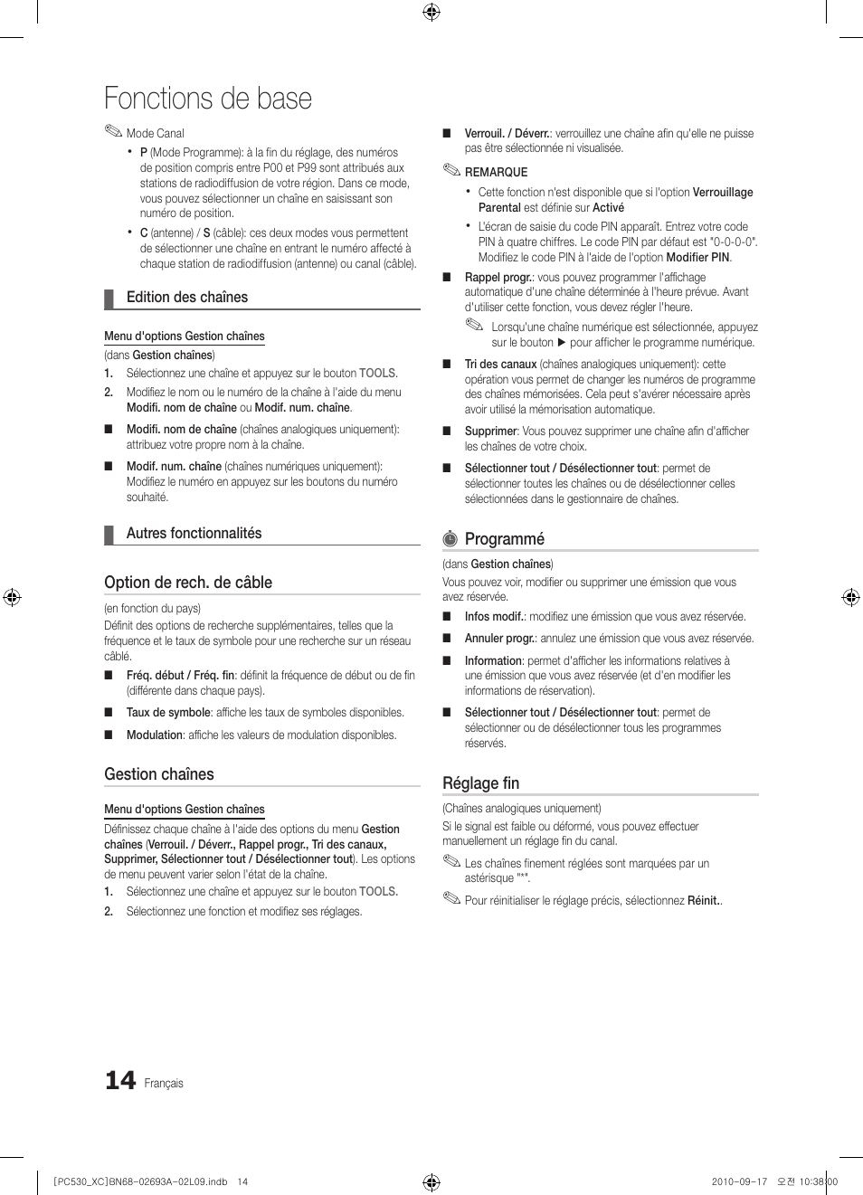 Fonctions de base, Option de rech. de câble, Gestion chaînes | Programmé, Réglage fin | Samsung PS50C530C1W User Manual | Page 54 / 365