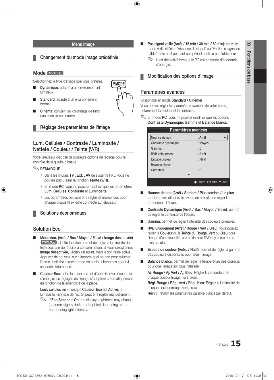 Mode, Solution eco, Paramètres avancés | Samsung PS50C530C1W User Manual | Page 55 / 365