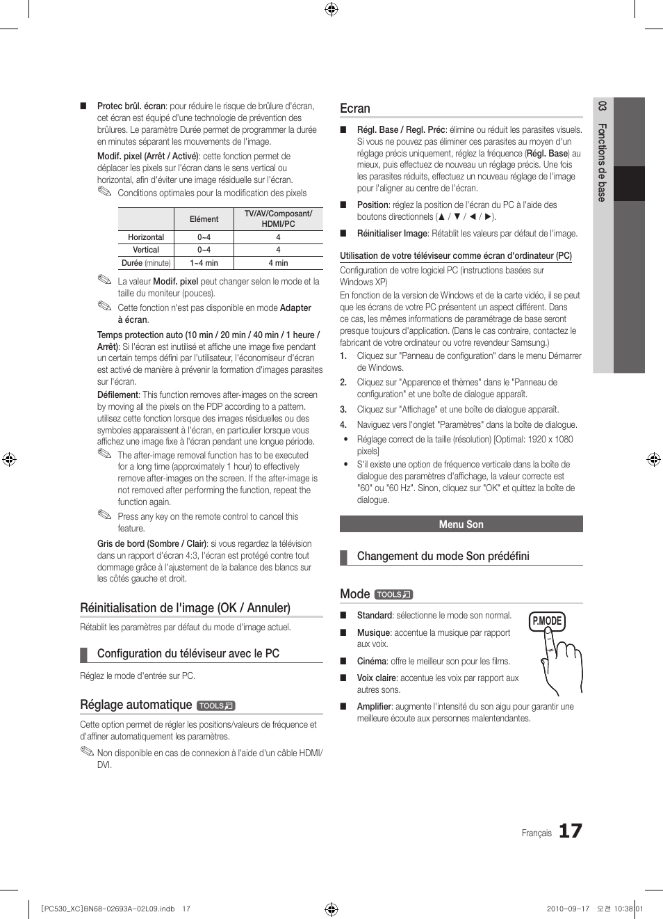 Réinitialisation de l'image (ok / annuler), Réglage automatique, Ecran | Mode | Samsung PS50C530C1W User Manual | Page 57 / 365