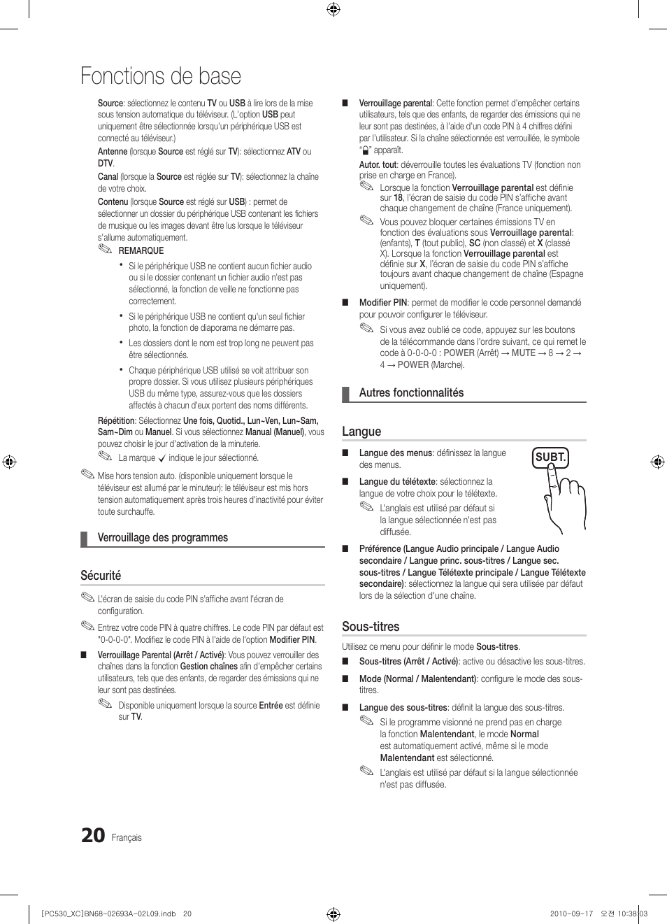 Fonctions de base | Samsung PS50C530C1W User Manual | Page 60 / 365