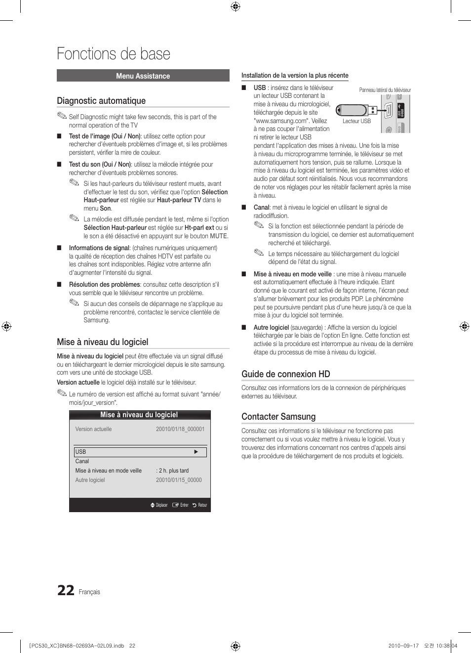 Fonctions de base, Diagnostic automatique, Mise à niveau du logiciel | Guide de connexion hd, Contacter samsung | Samsung PS50C530C1W User Manual | Page 62 / 365