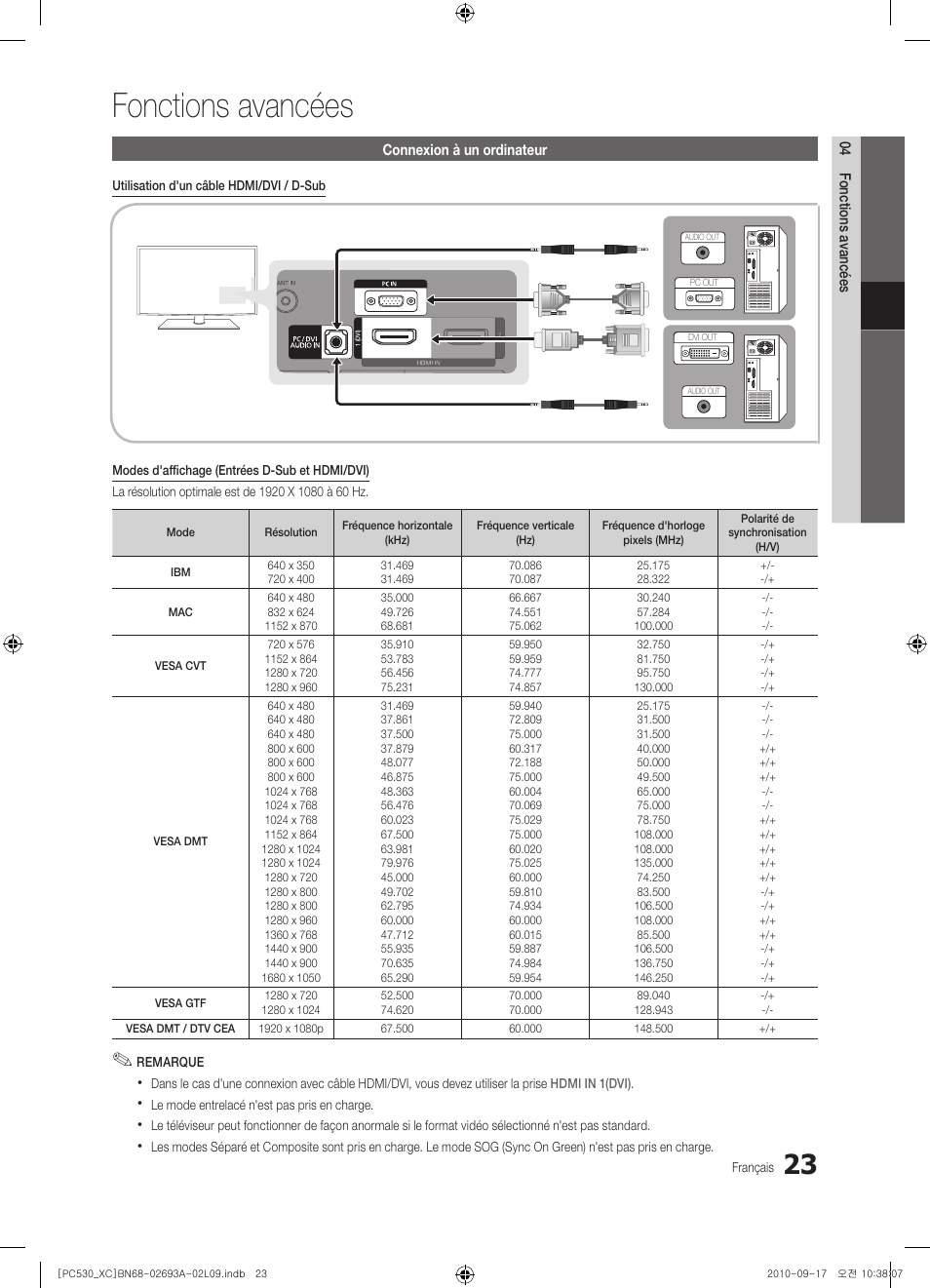 Fonctions avancées | Samsung PS50C530C1W User Manual | Page 63 / 365