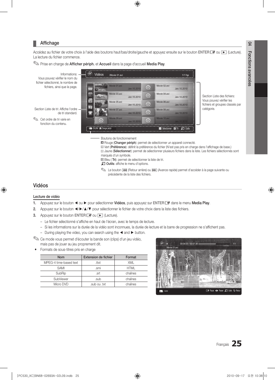 Vidéos, Affichage | Samsung PS50C530C1W User Manual | Page 65 / 365