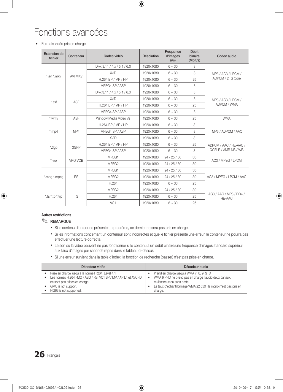 Fonctions avancées | Samsung PS50C530C1W User Manual | Page 66 / 365