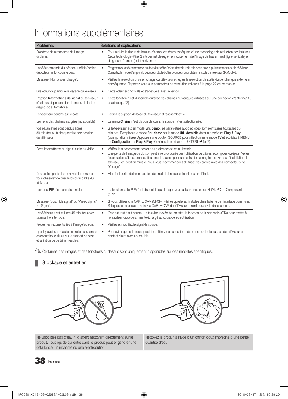 Informations supplémentaires, Stockage et entretien | Samsung PS50C530C1W User Manual | Page 78 / 365