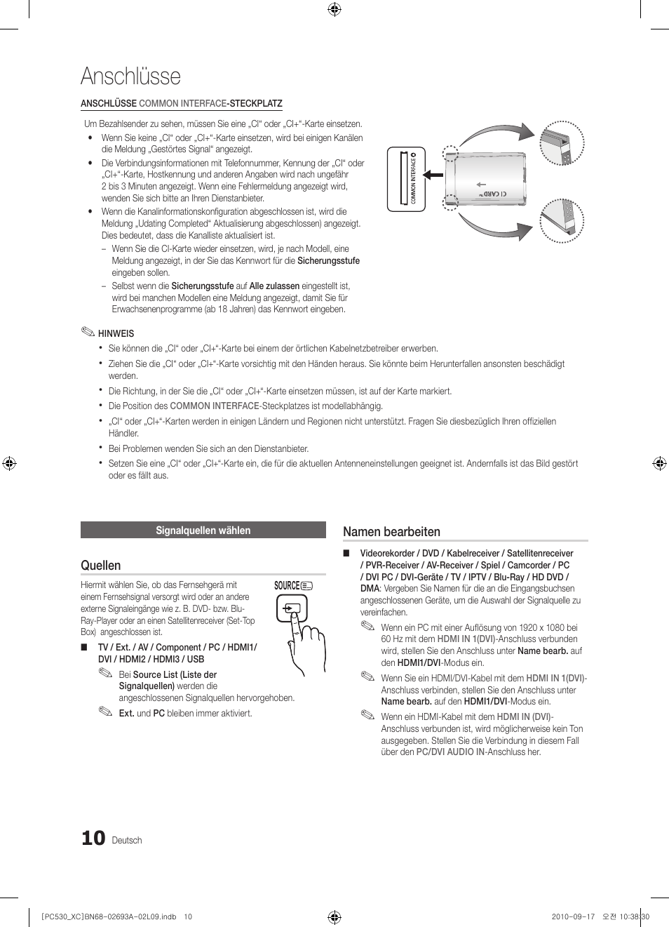 Anschlüsse | Samsung PS50C530C1W User Manual | Page 90 / 365