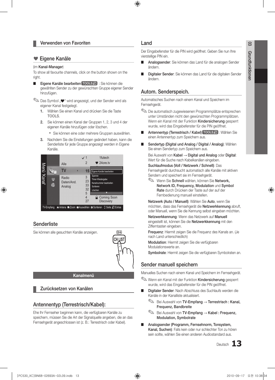 Eigene kanäle, Senderliste, Antennentyp (terrestrisch/kabel) | Land, Autom. senderspeich, Sender manuell speichern | Samsung PS50C530C1W User Manual | Page 93 / 365