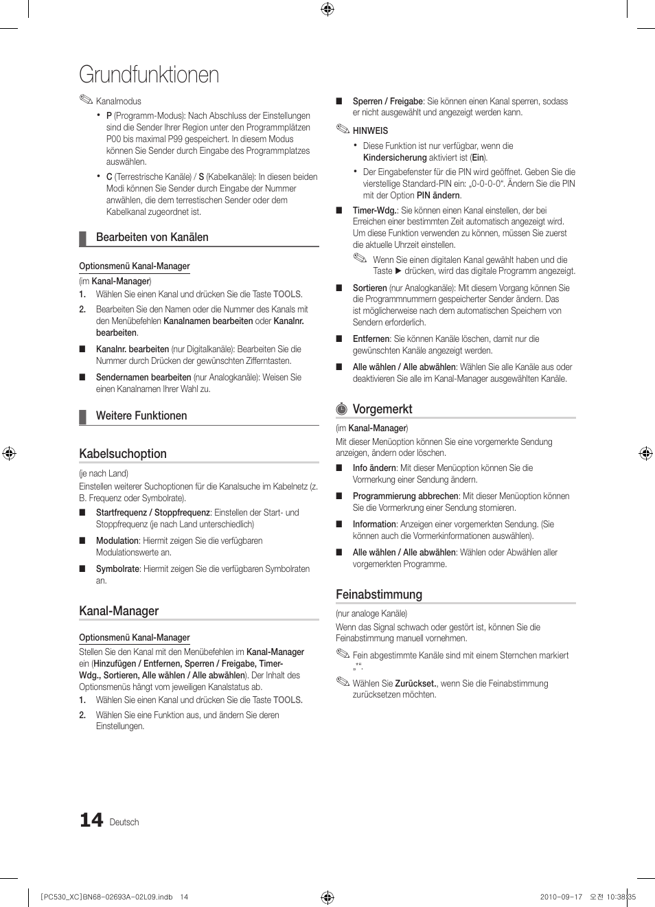 Grundfunktionen, Kabelsuchoption, Kanal-manager | Vorgemerkt, Feinabstimmung | Samsung PS50C530C1W User Manual | Page 94 / 365