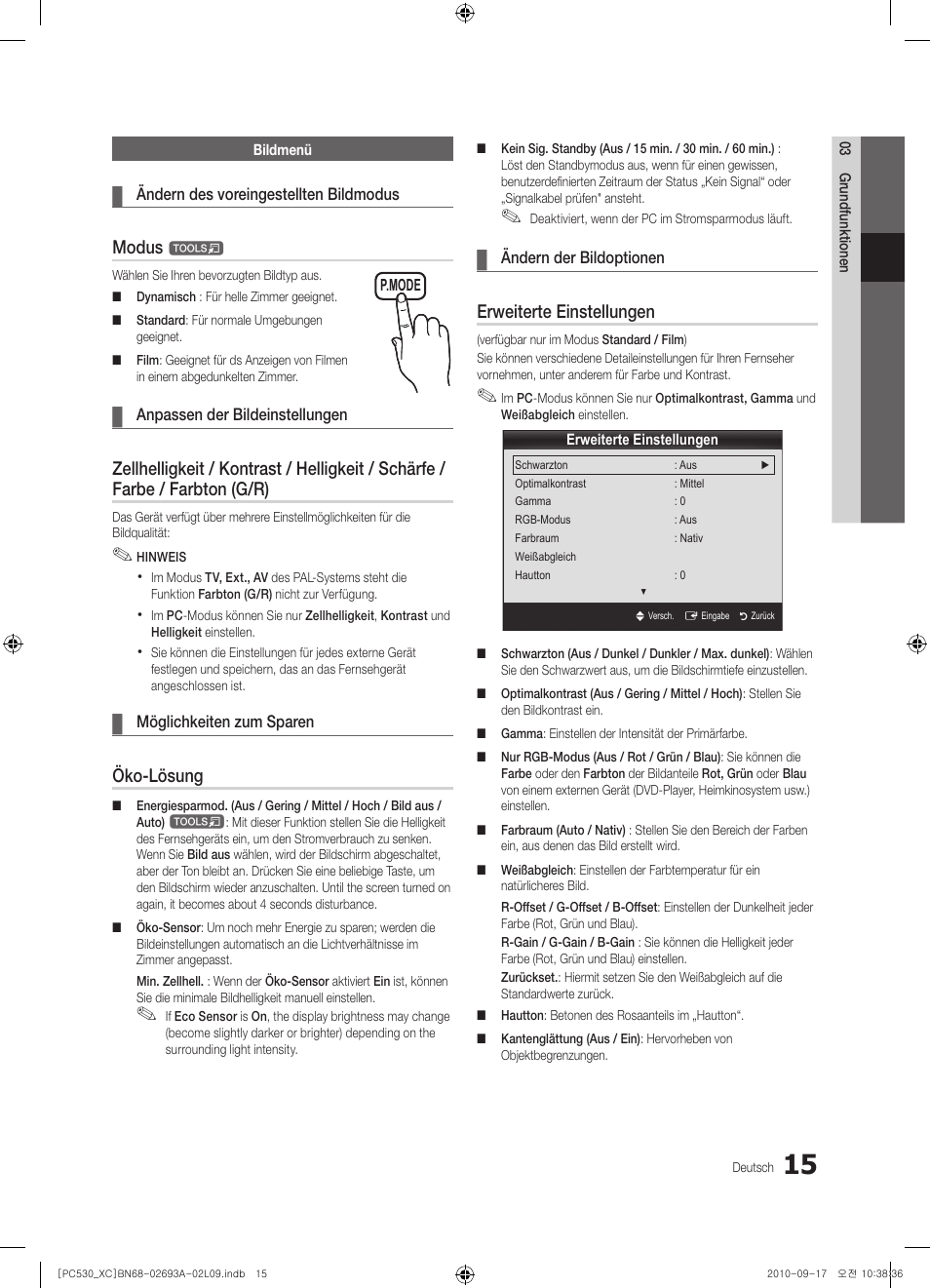 Modus, Öko-lösung, Erweiterte einstellungen | Samsung PS50C530C1W User Manual | Page 95 / 365