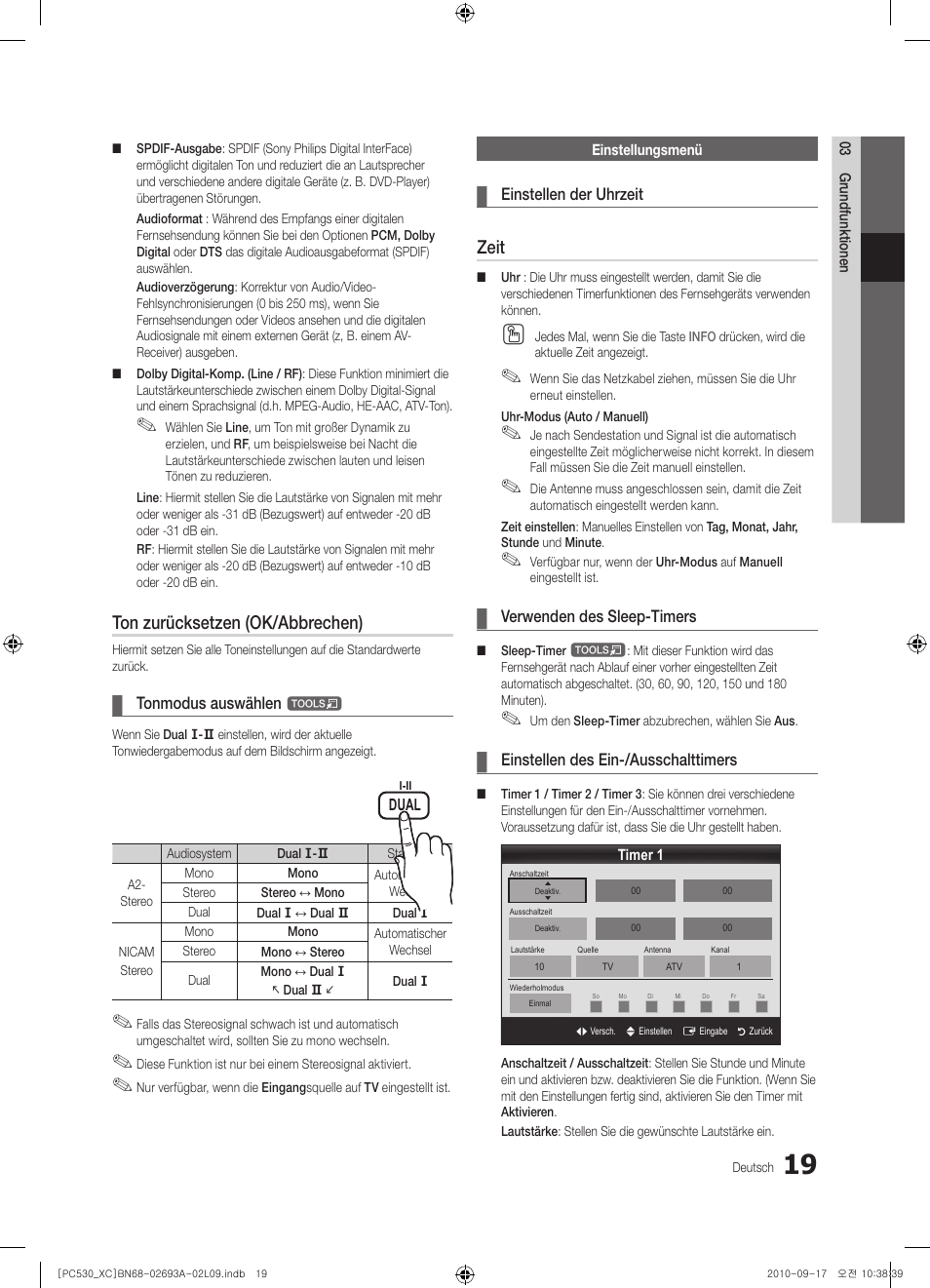 Ton zurücksetzen (ok/abbrechen), Zeit | Samsung PS50C530C1W User Manual | Page 99 / 365