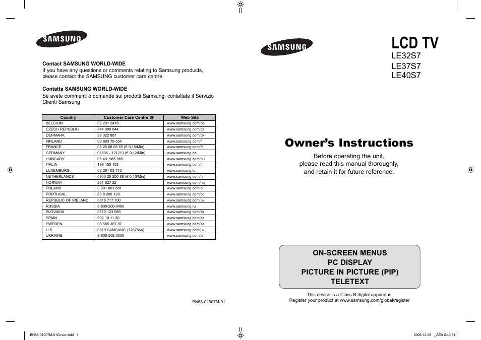 Samsung LE32S74BD User Manual | 125 pages