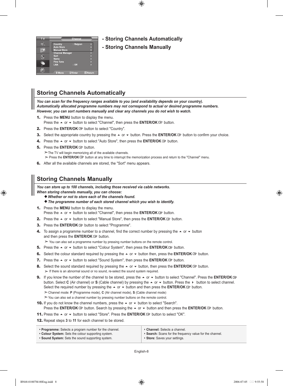 Setting the channels, Storing channels automatically, Storing channels manually | Samsung LE32S74BD User Manual | Page 10 / 125