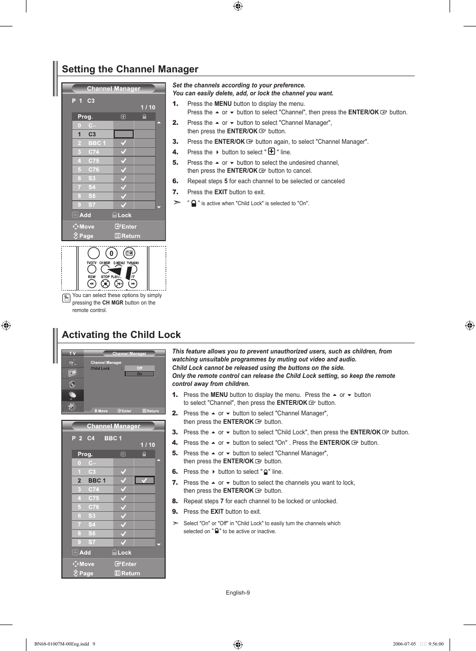 Setting the channel manager, Activating the child lock | Samsung LE32S74BD User Manual | Page 11 / 125