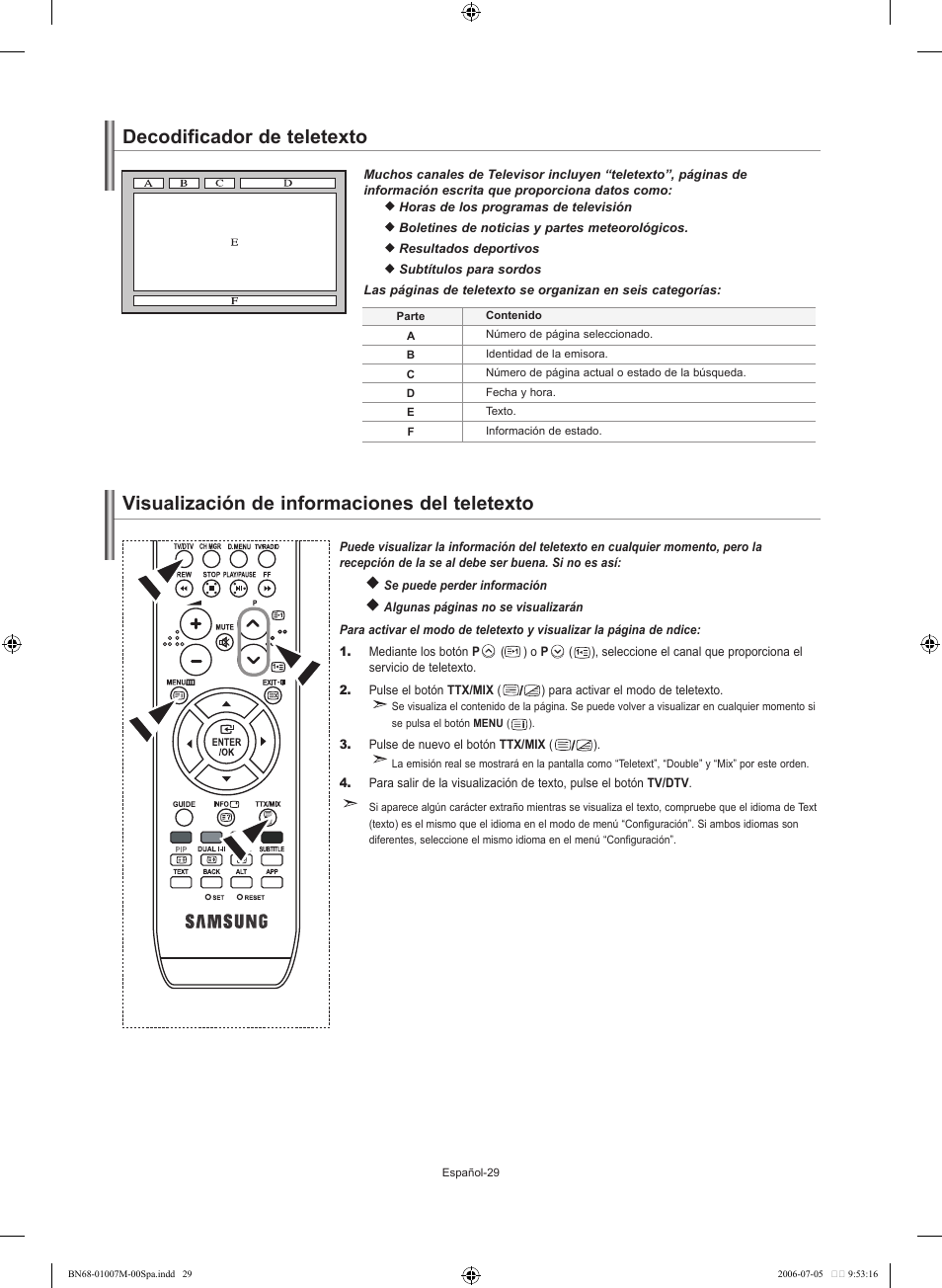 Decodificador de teletexto, Visualización de informaciones del teletexto | Samsung LE32S74BD User Manual | Page 113 / 125
