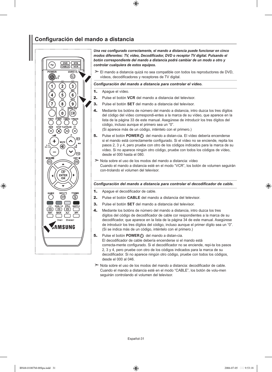 Configuración del mando a distancia | Samsung LE32S74BD User Manual | Page 115 / 125