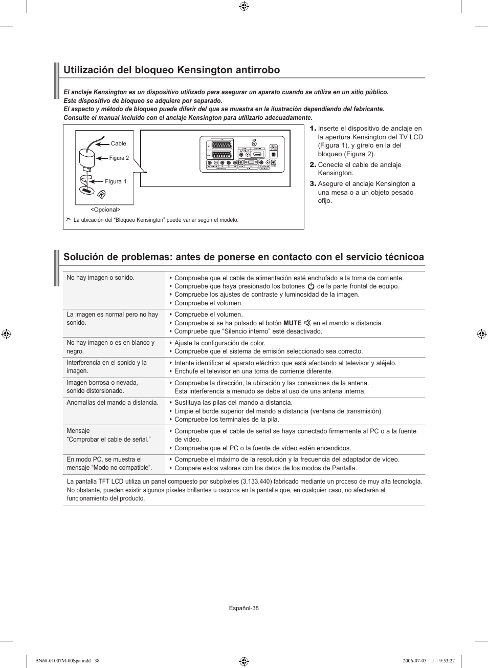 Utilización del bloqueo kensington antirrobo | Samsung LE32S74BD User Manual | Page 122 / 125