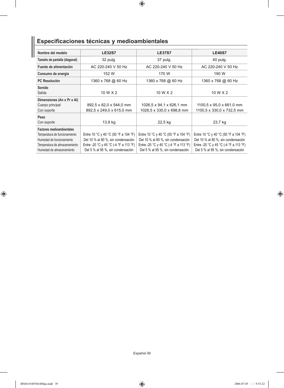 Especificaciones técnicas y medioambientales | Samsung LE32S74BD User Manual | Page 123 / 125
