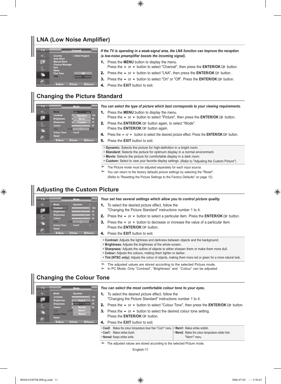 Lna (low noise amplifier), Setting the picture, Changing the picture standard | Adjusting the custom picture, Changing the colour tone | Samsung LE32S74BD User Manual | Page 13 / 125