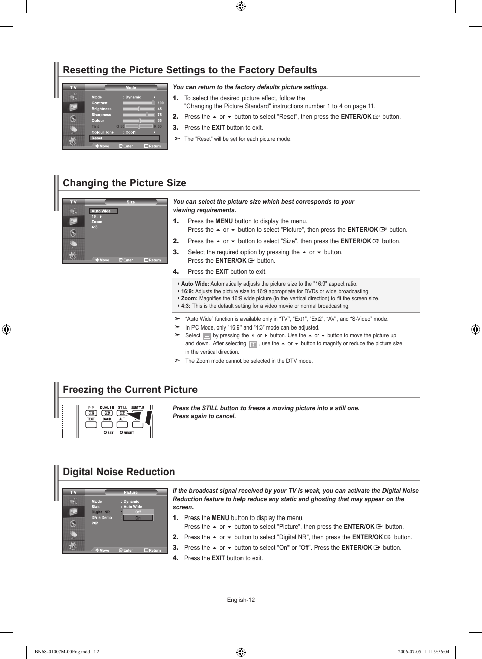 Changing the picture size, Freezing the current picture, Digital noise reduction | Samsung LE32S74BD User Manual | Page 14 / 125