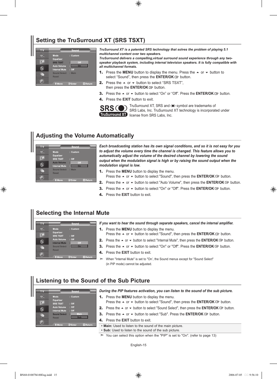 Setting the trusurround xt (srs tsxt), Adjusting the volume automatically, Selecting the internal mute | Listening to the sound of the sub picture | Samsung LE32S74BD User Manual | Page 17 / 125