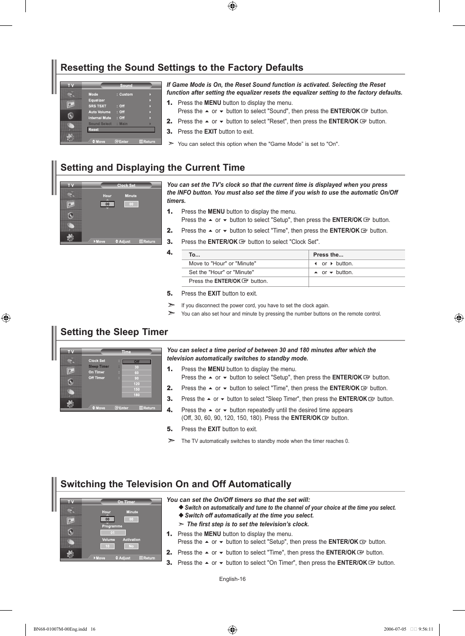 Setting the time, Setting and displaying the current time, Setting the sleep timer | Switching the television on and off automatically | Samsung LE32S74BD User Manual | Page 18 / 125