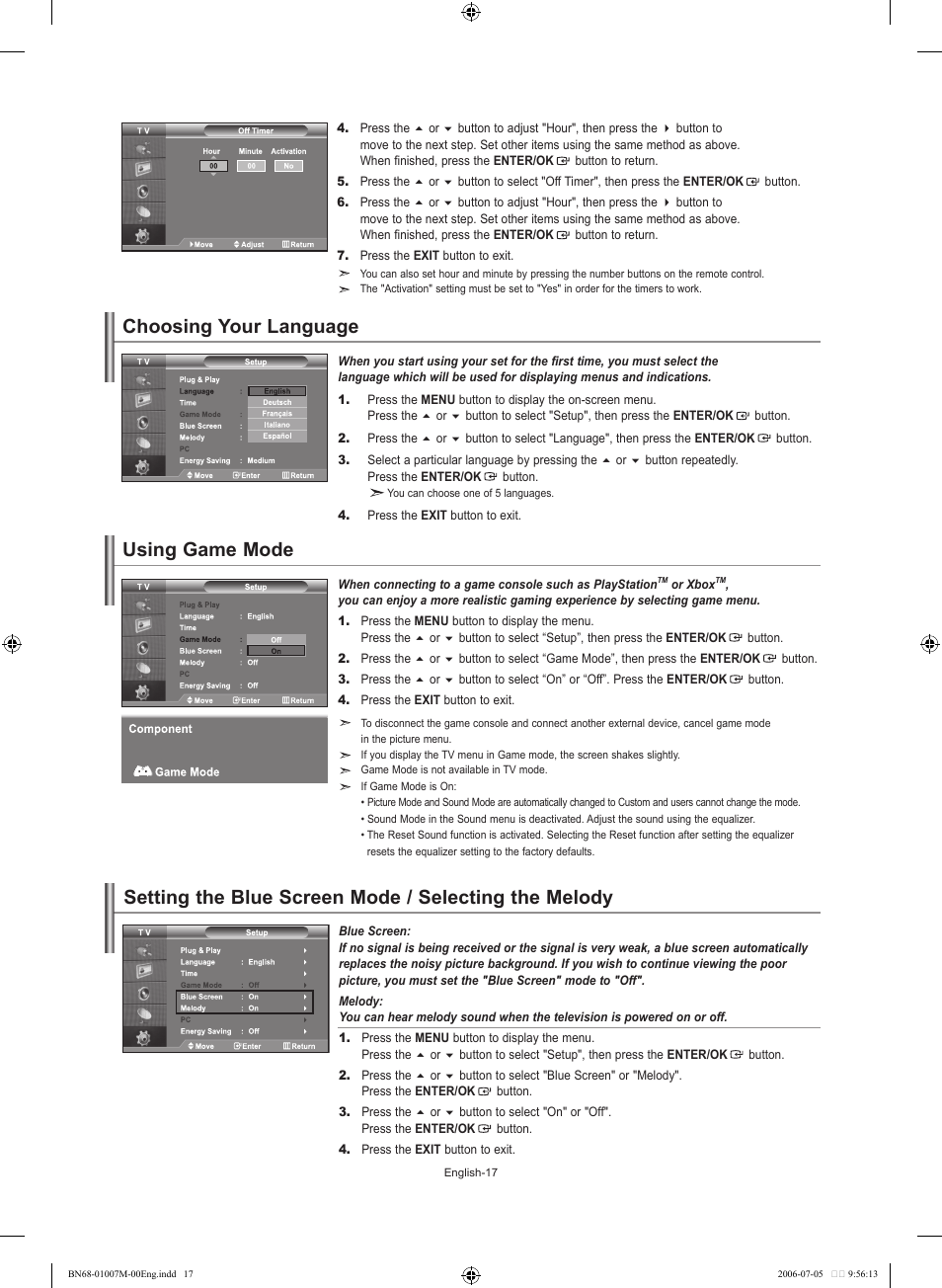 Setting the others, Choosing your language, Using game mode | Samsung LE32S74BD User Manual | Page 19 / 125