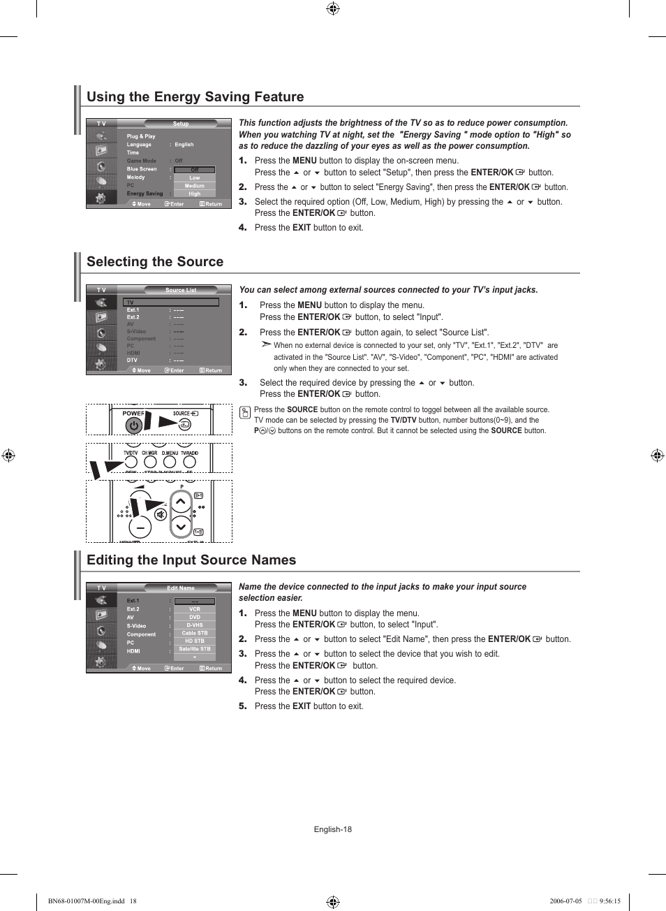 Using the energy saving feature, Selecting the source, Editing the input source names | Samsung LE32S74BD User Manual | Page 20 / 125