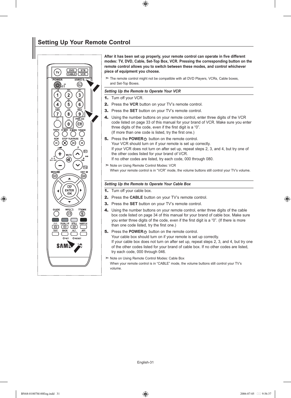 Setting up your remote control | Samsung LE32S74BD User Manual | Page 33 / 125
