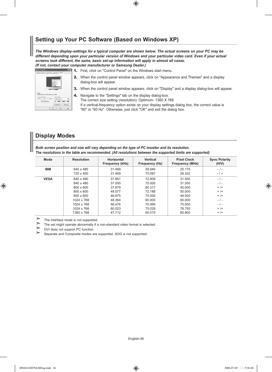Setting the pc, Setting up your pc software (based on windows xp), Display modes | Samsung LE32S74BD User Manual | Page 38 / 125