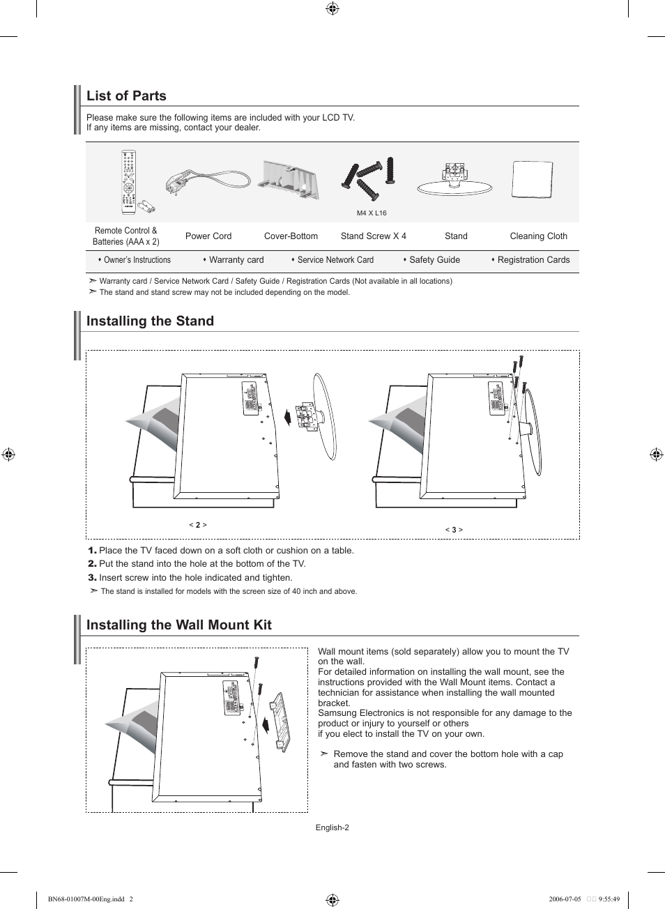 Connecting and preparing your tv, List of parts, Installing the stand | Installing the wall mount kit | Samsung LE32S74BD User Manual | Page 4 / 125