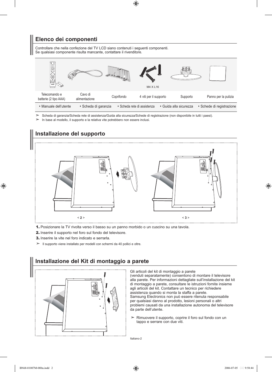 Elenco dei componenti, Installazione del supporto, Installazione del kit di montaggio a parete | Samsung LE32S74BD User Manual | Page 44 / 125